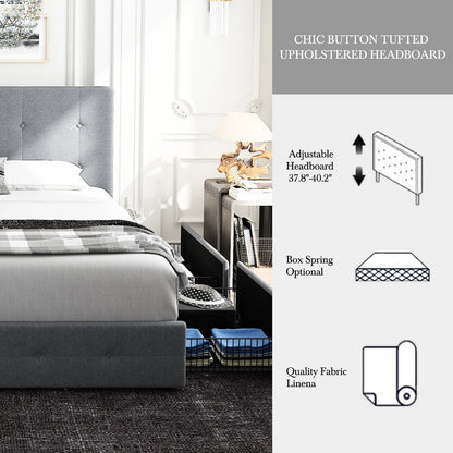 Adjustable Square Stitched Button Platform Headboard Bed Frame with 4 Drawers,