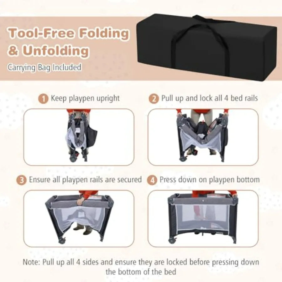 Pack and Play ; Travel Crib;  Bassinet Bed for Baby with Changing Table Safety Belt