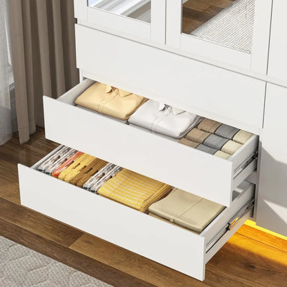 Armoire with 3 Doors, Drawers, Mirror & LED Lights for Storage