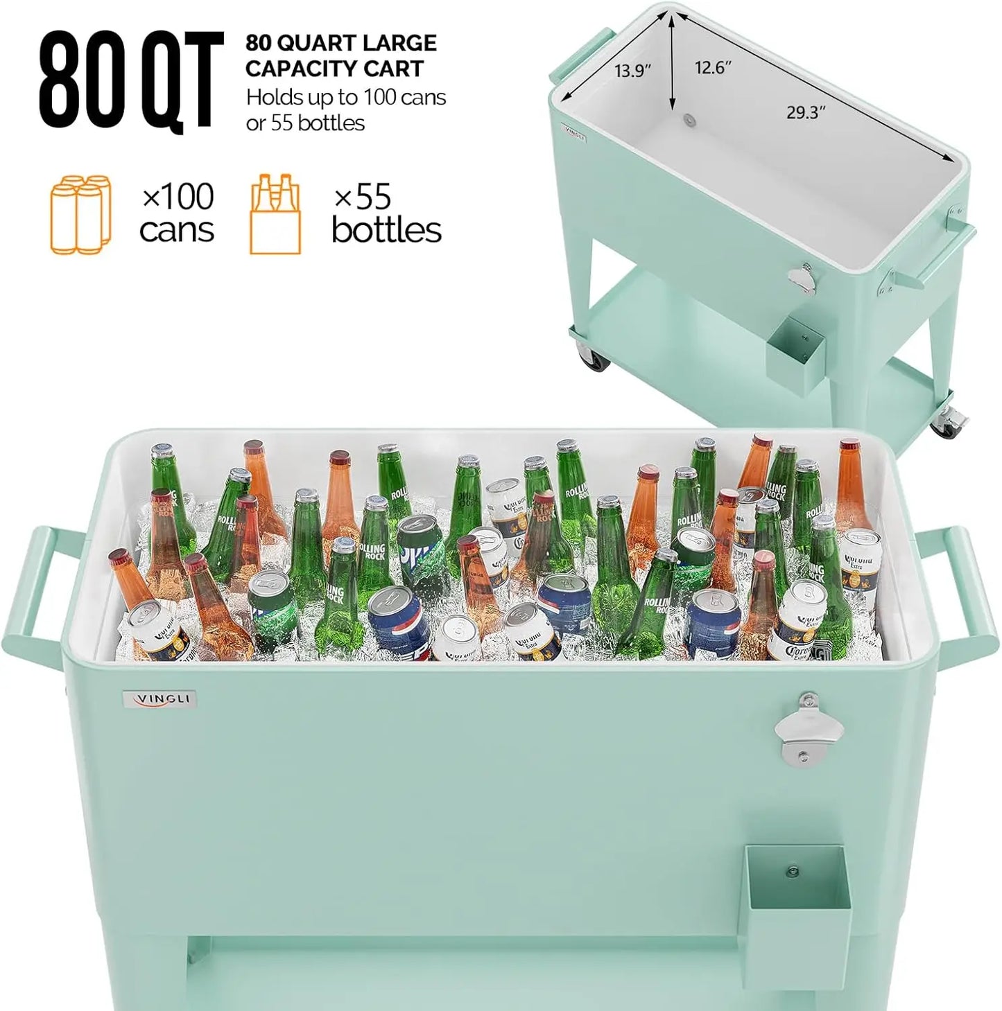 80 Quart Rolling Patio Party Bar Drink Cooler Cart, with Shelf and  Bottle Opener