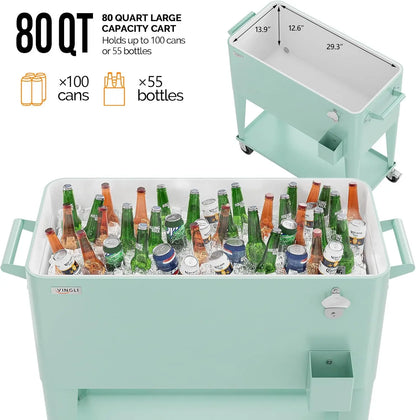 80 Quart Rolling Patio Party Bar Drink Cooler Cart, with Shelf and  Bottle Opener