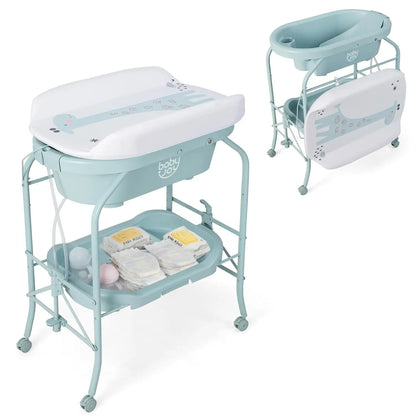 Bathtub with Foldable Infant Diaper Changing Station, Storage Tray and Waterproof Pad.
