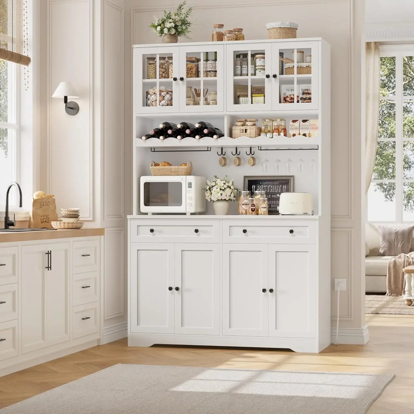 Tall Pantry Hutch Cabinet with Microwave Stand and Wine Racks