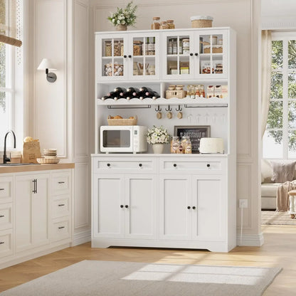 Tall Pantry Hutch Cabinet with Microwave Stand and Wine Racks