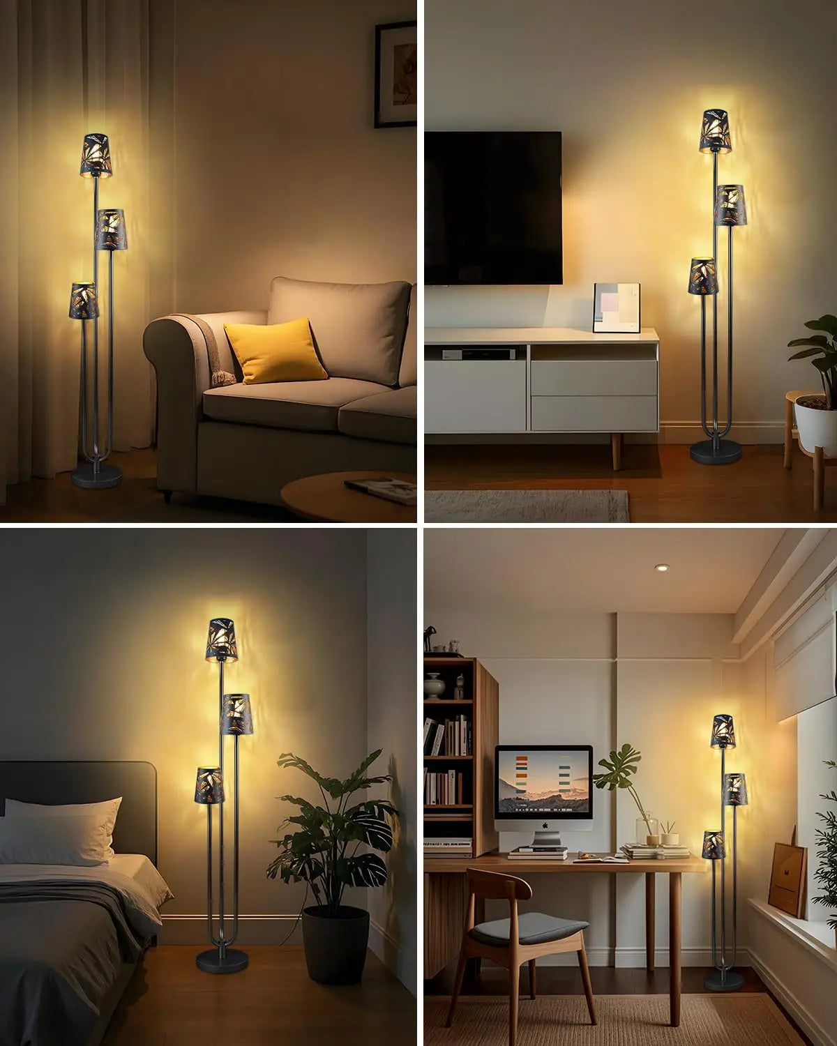 3-Light Mid Century Modern Black Standing Floor Lamp