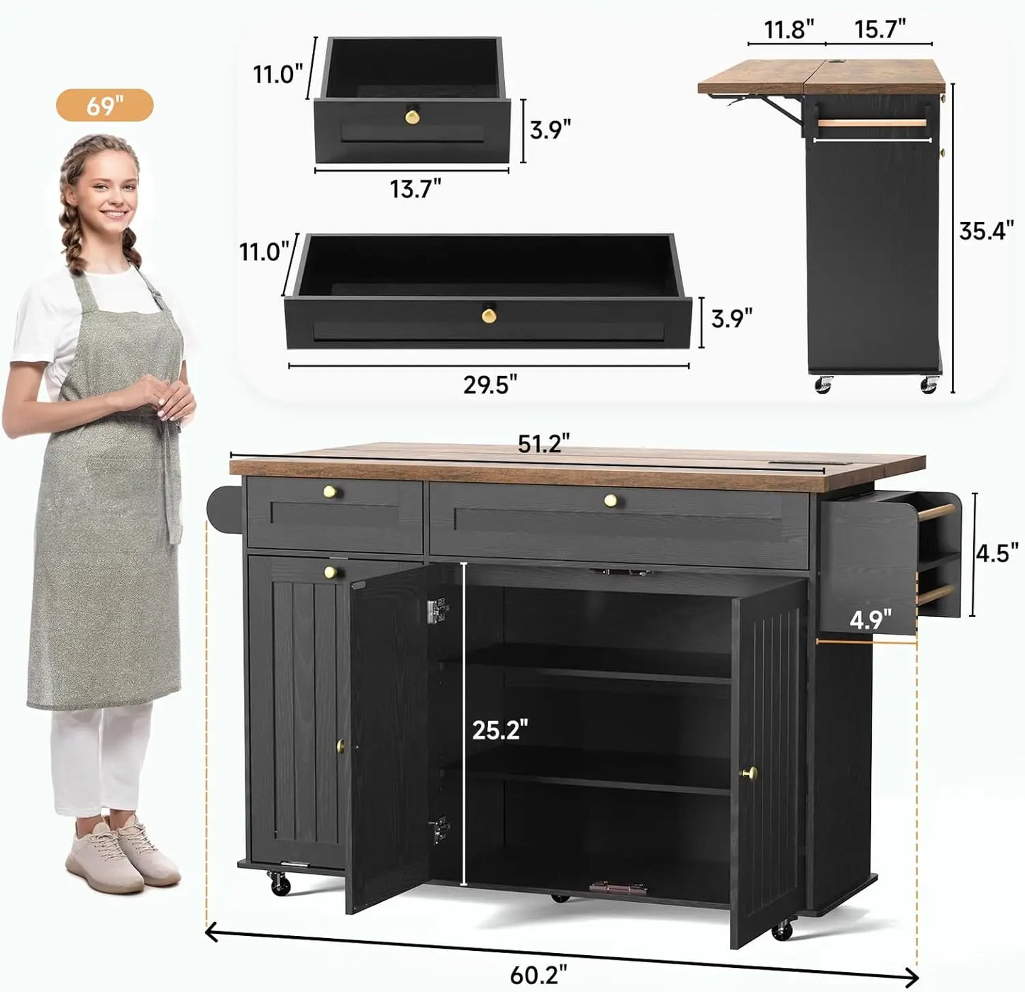 60" Rolling Kitchen Island with Power Outlet, Drop Leaf,  Spice Rack and Towel Rack.