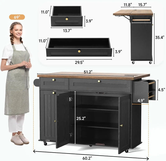 60" Rolling Kitchen Island with Power Outlet, Drop Leaf,  Spice Rack and Towel Rack.