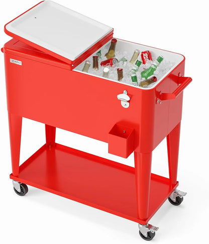 80 Quart Rolling Patio Party Bar Drink Cooler Cart, with Shelf and  Bottle Opener