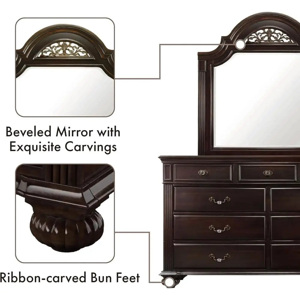 6-Piece Bedroom Set with Chest, Mirrored Dresser, 2 Nightstands, Bed