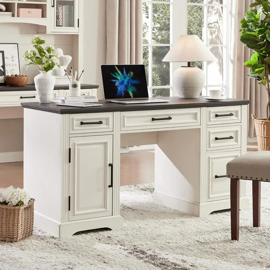 58" Farmhouse Executive Computer Desk with Drawers and Cabinet, Embossed Texture Home Office Desk, Off White.