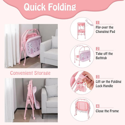 Bathtub with Foldable Infant Diaper Changing Station, Storage Tray and Waterproof Pad.
