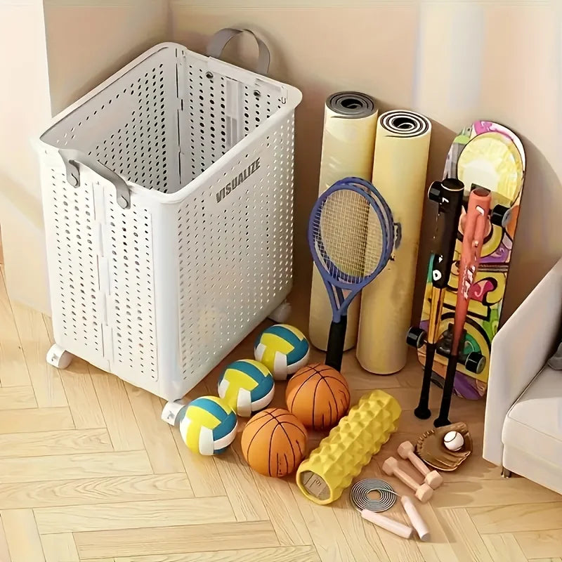 Foldable Laundry supplies storage with wheels.