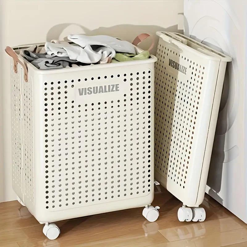 Foldable Laundry supplies storage with wheels.