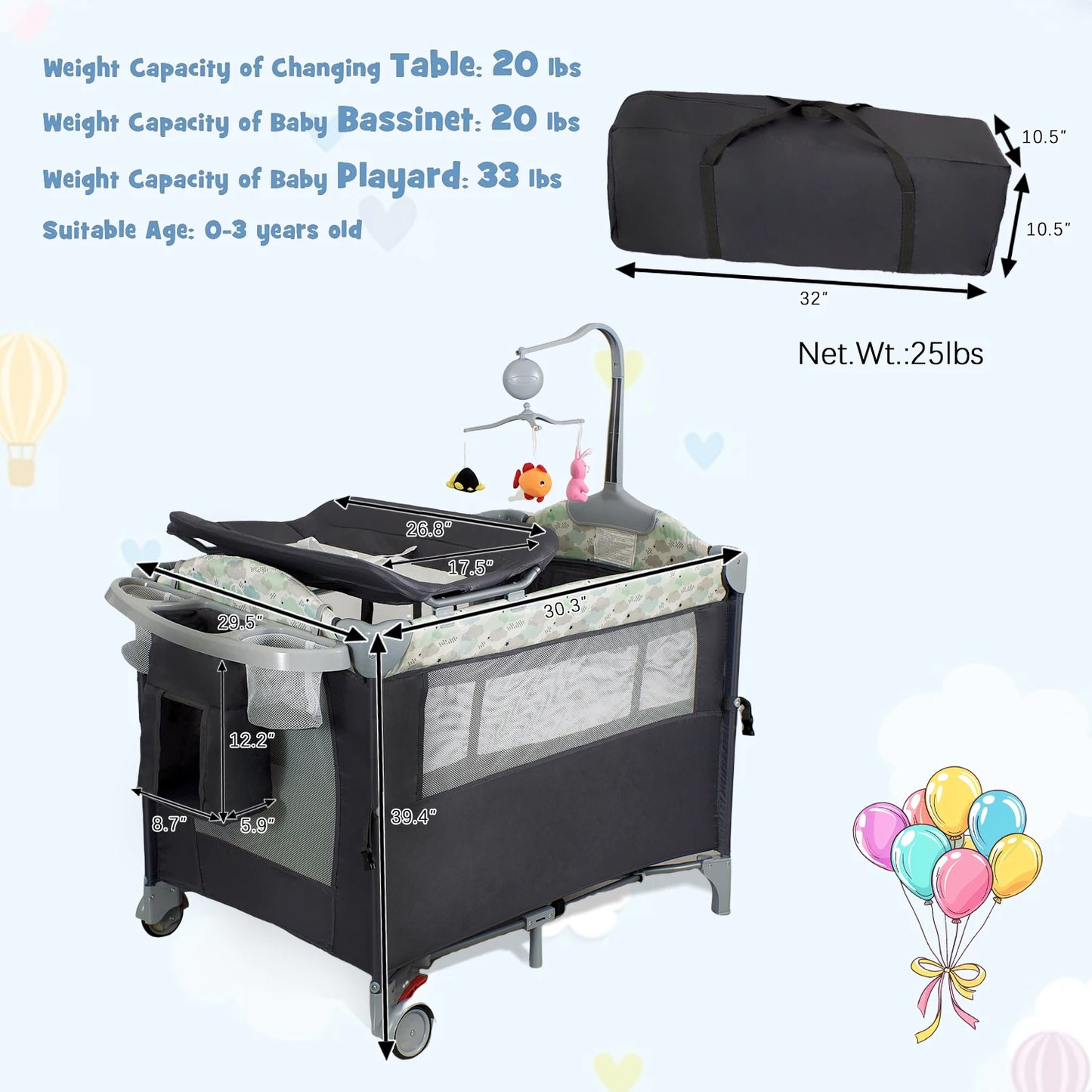 Pack n Play Portable Playard with Bassinet Travel Crib. Converts from  Folding Nursery Bed Playpen to  Changing Table Newborn to Toddler.