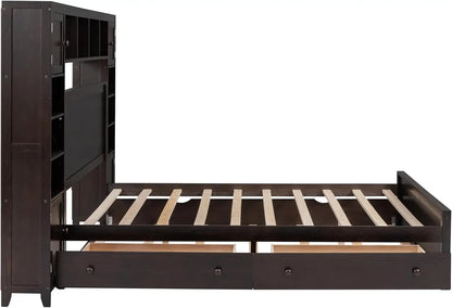 Platform Storage Bed with Bookcase Headboard and Trundle. Trundle and 2 Storage Drawers