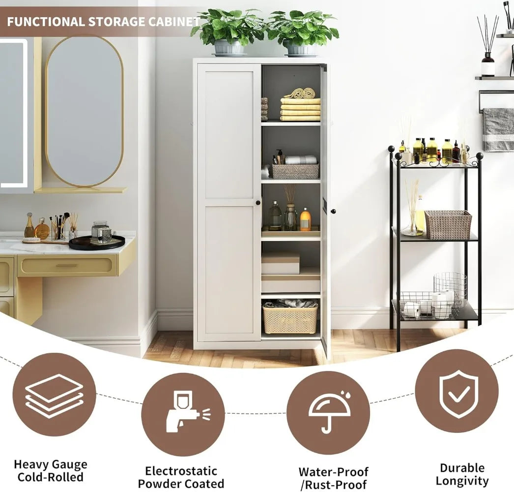 61" Tall Metal Cabinet with 4 Adjustable Shelves, Ideal Storage for Food,