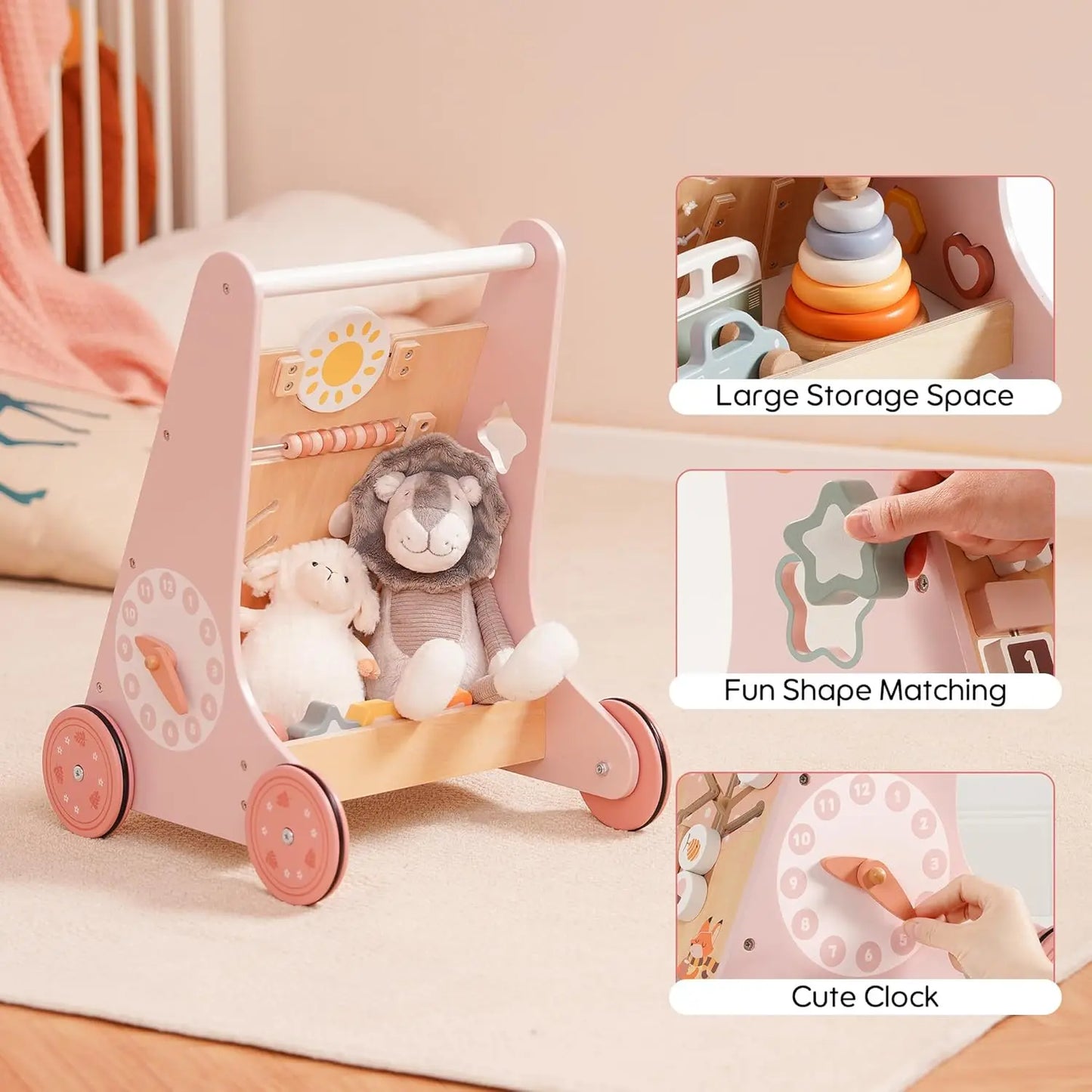 Wooden Baby Walker with Wheels Montessori Push Toys for Babies Learning to Walk Baby Walkers Activity Center