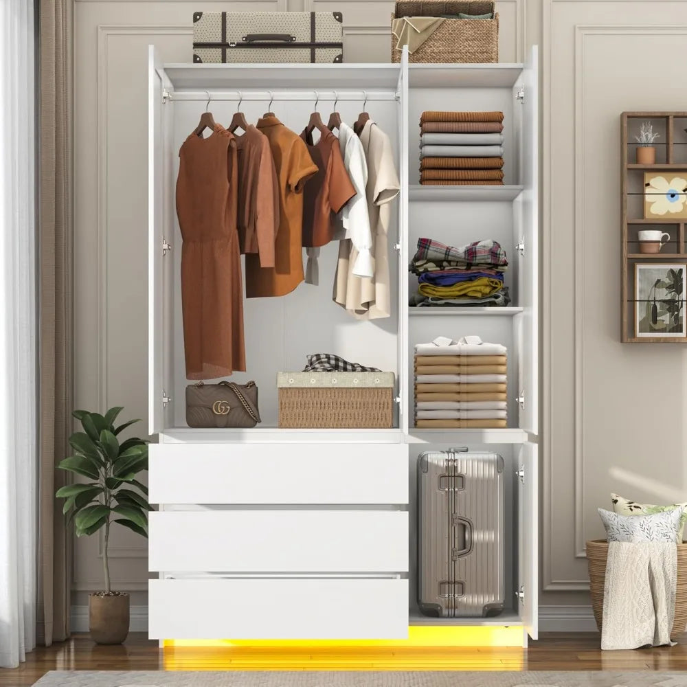Armoire with 3 Doors, Drawers, Mirror & LED Lights for Storage