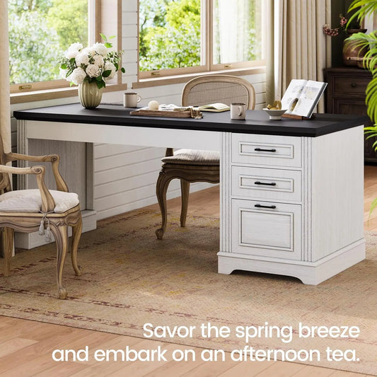 Farmhouse Executive Desk, with Storage Drawers and Power Outlet