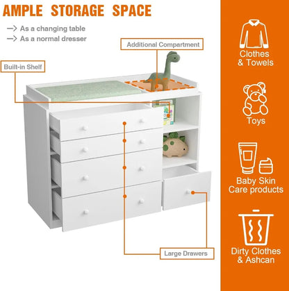 Baby Changing Table Dresser with 5 Drawer Storage