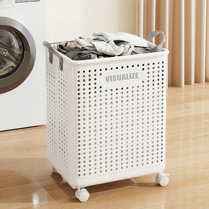 Foldable Laundry supplies storage with wheels.