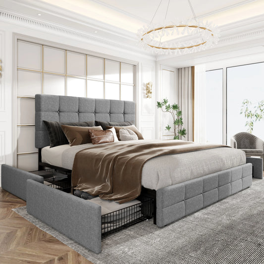 Adjustable Square Stitched Button Platform Headboard Bed Frame with 4 Drawers,