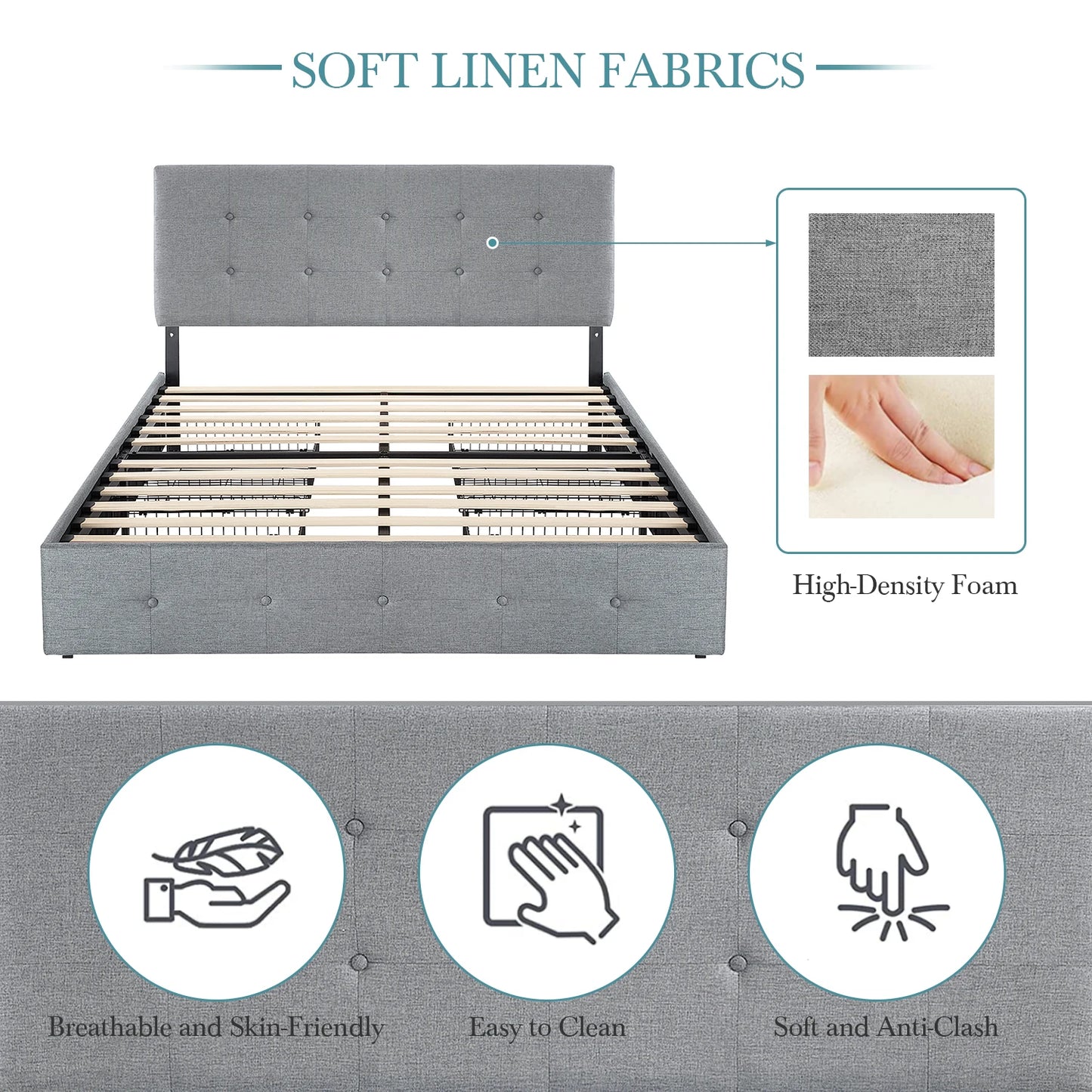 Adjustable Square Stitched Button Platform Headboard Bed Frame with 4 Drawers,