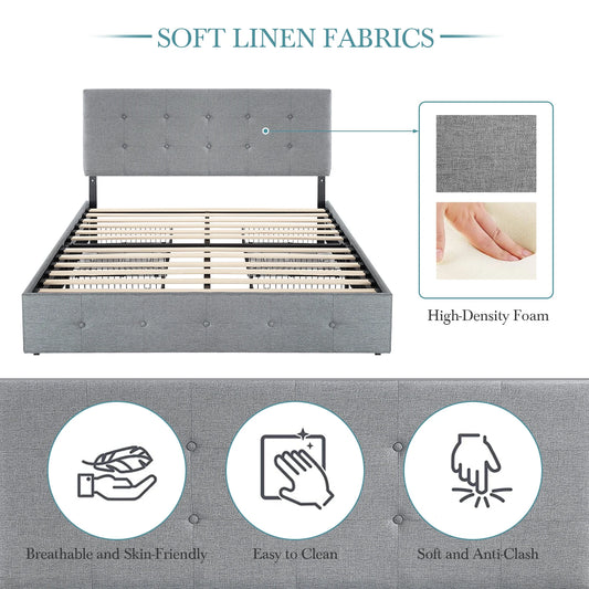 Adjustable Square Stitched Button Platform Headboard Bed Frame with 4 Drawers,