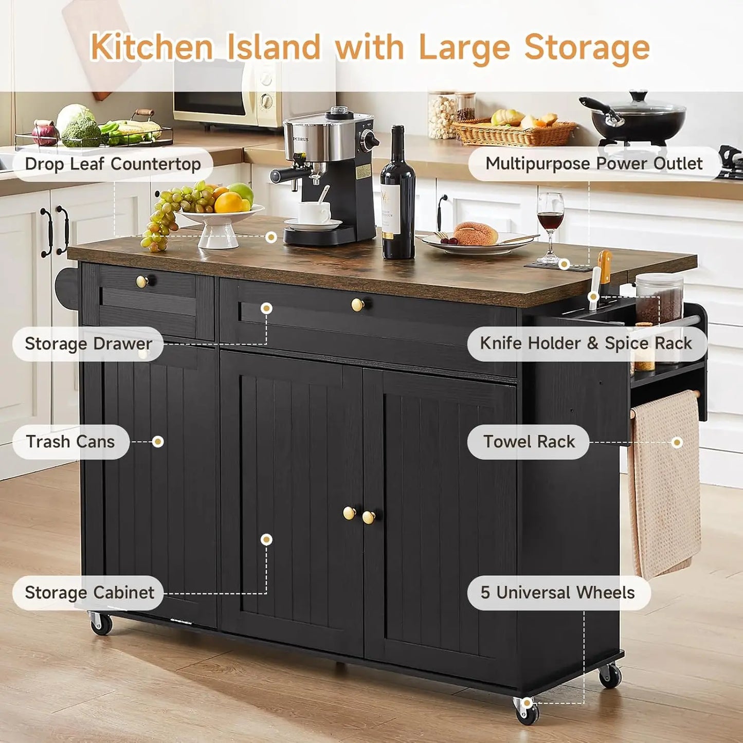 60" Rolling Kitchen Island with Power Outlet, Drop Leaf,  Spice Rack and Towel Rack.