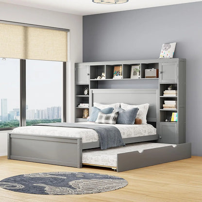 Platform Storage Bed with Bookcase Headboard and Trundle. Trundle and 2 Storage Drawers
