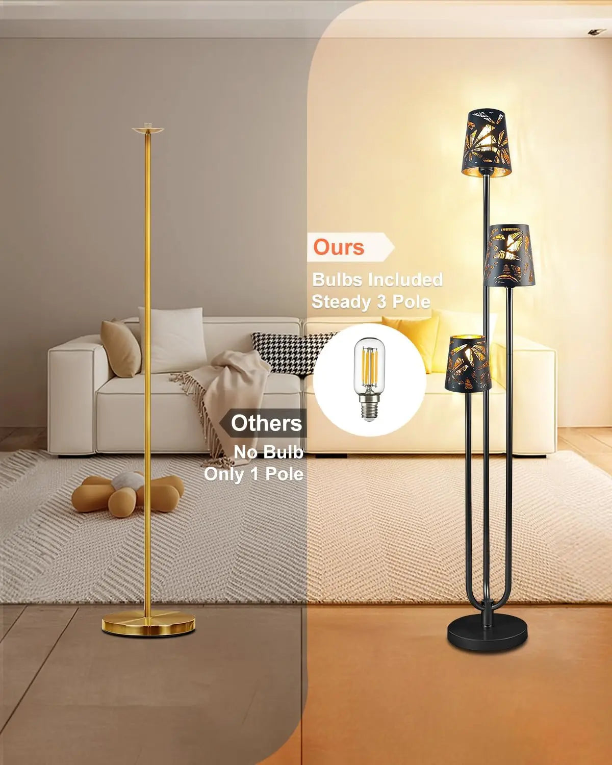 3-Light Mid Century Modern Black Standing Floor Lamp