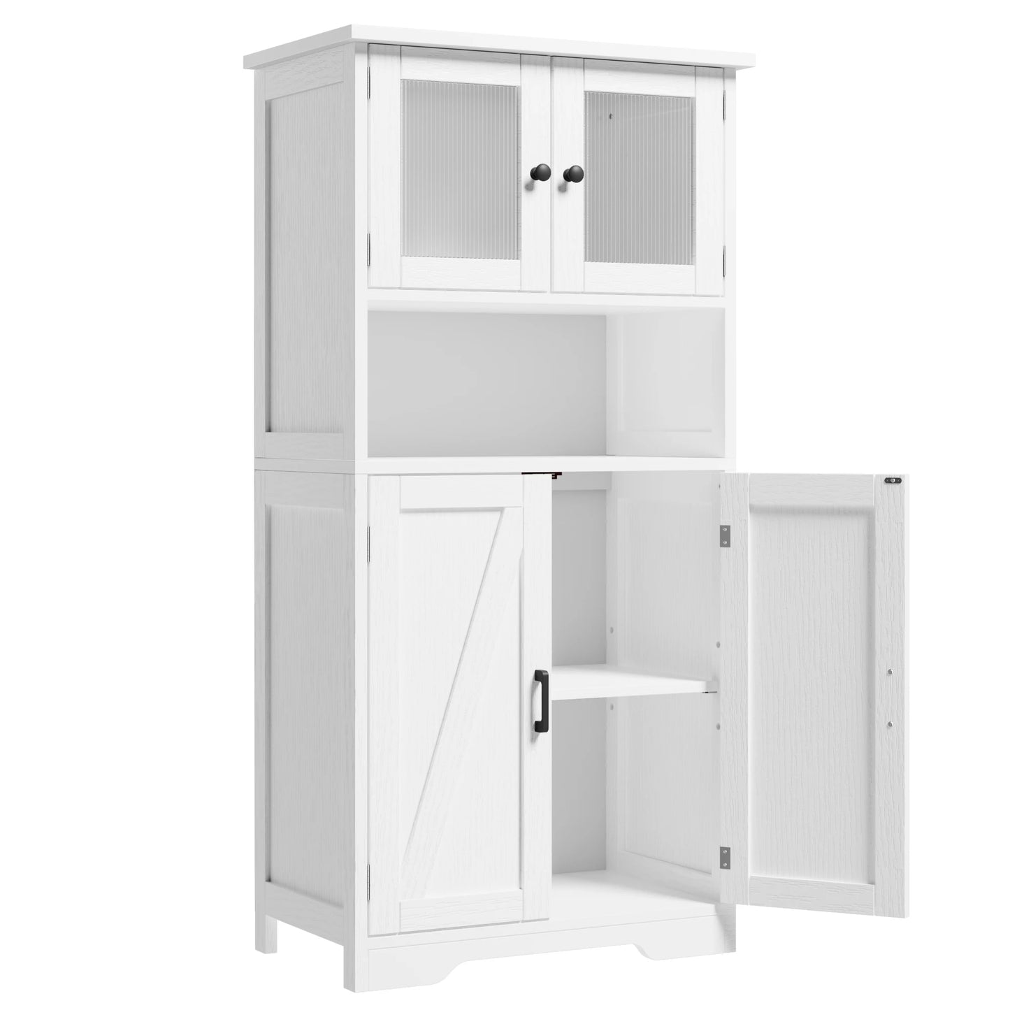 Pantry Cupboard with 2 Wood Doors, 2 Tempered Glass Doors and Open Space.