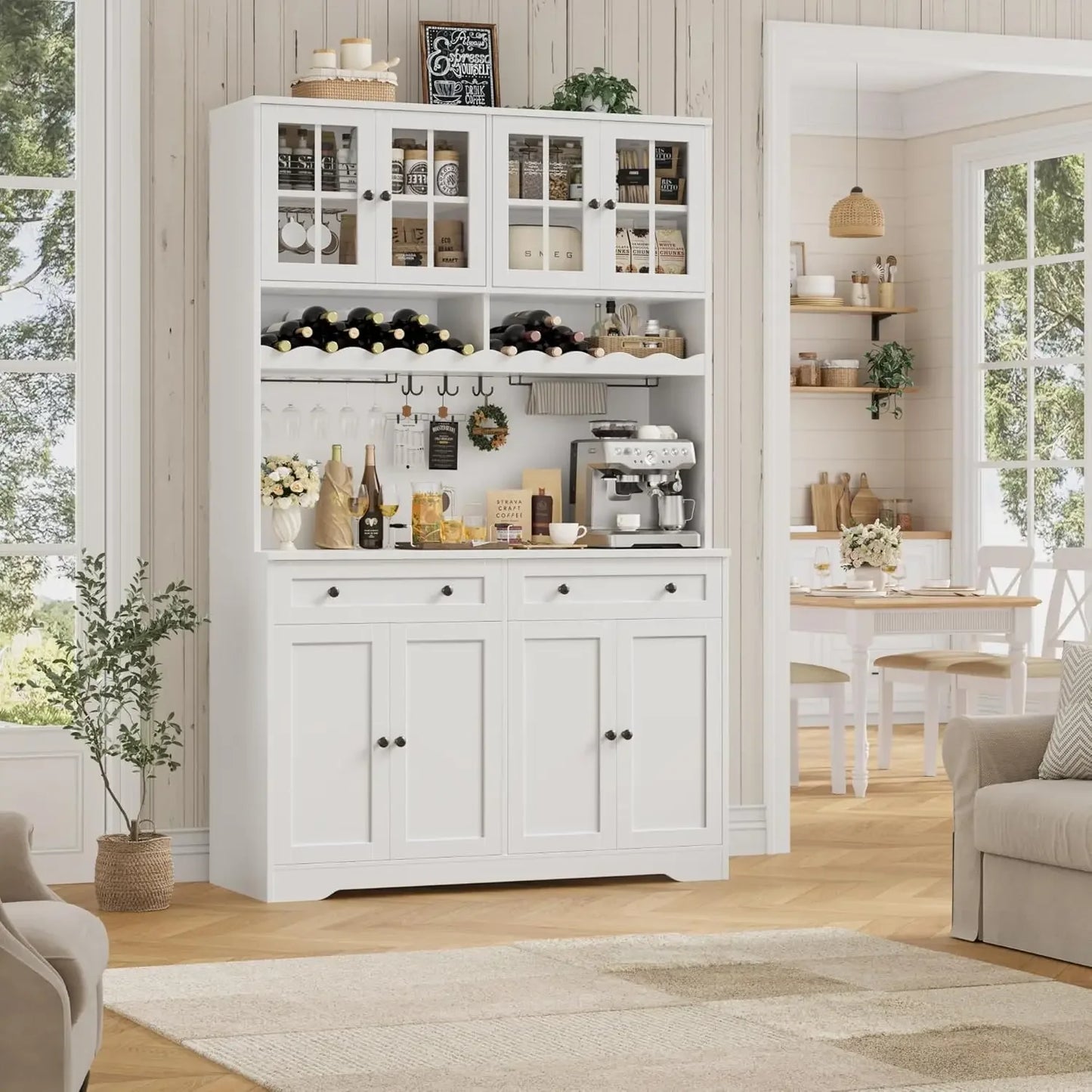 Tall Pantry Hutch Cabinet with Microwave Stand and Wine Racks