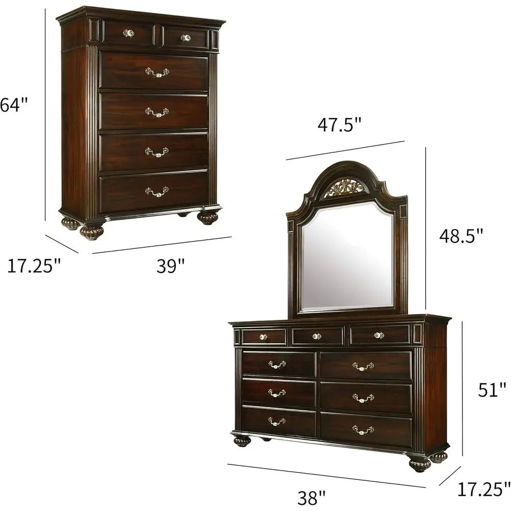 6-Piece Bedroom Set with Chest, Mirrored Dresser, 2 Nightstands, Bed