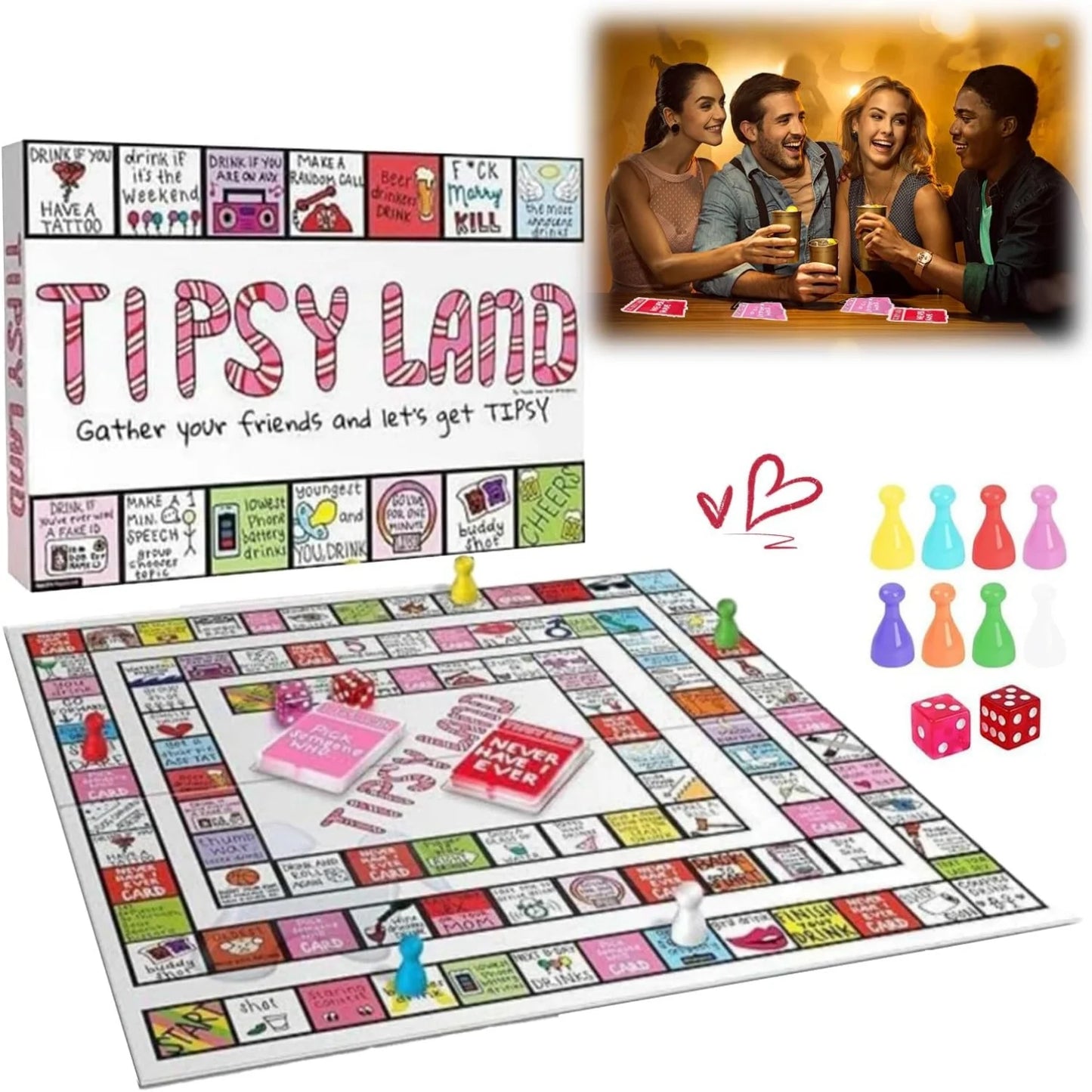 Tipsy Land Adult Party Game - Board Game for Singles; Girls' Nights; & Holiday Celebrations - Fun Drinking Challenges