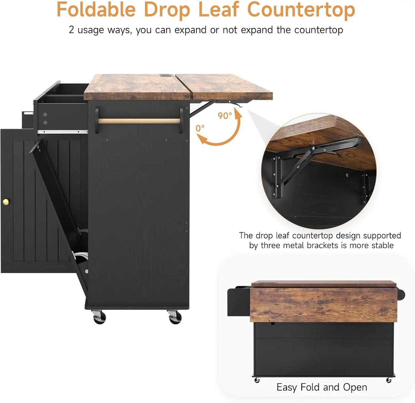 60" Rolling Kitchen Island with Power Outlet, Drop Leaf,  Spice Rack and Towel Rack.