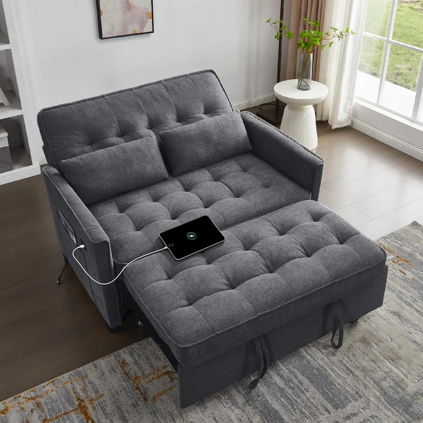 Convertible Sofa Bed, 3 in 1 Pull Out Couch, Loveseat Sleeper with Side Pocket