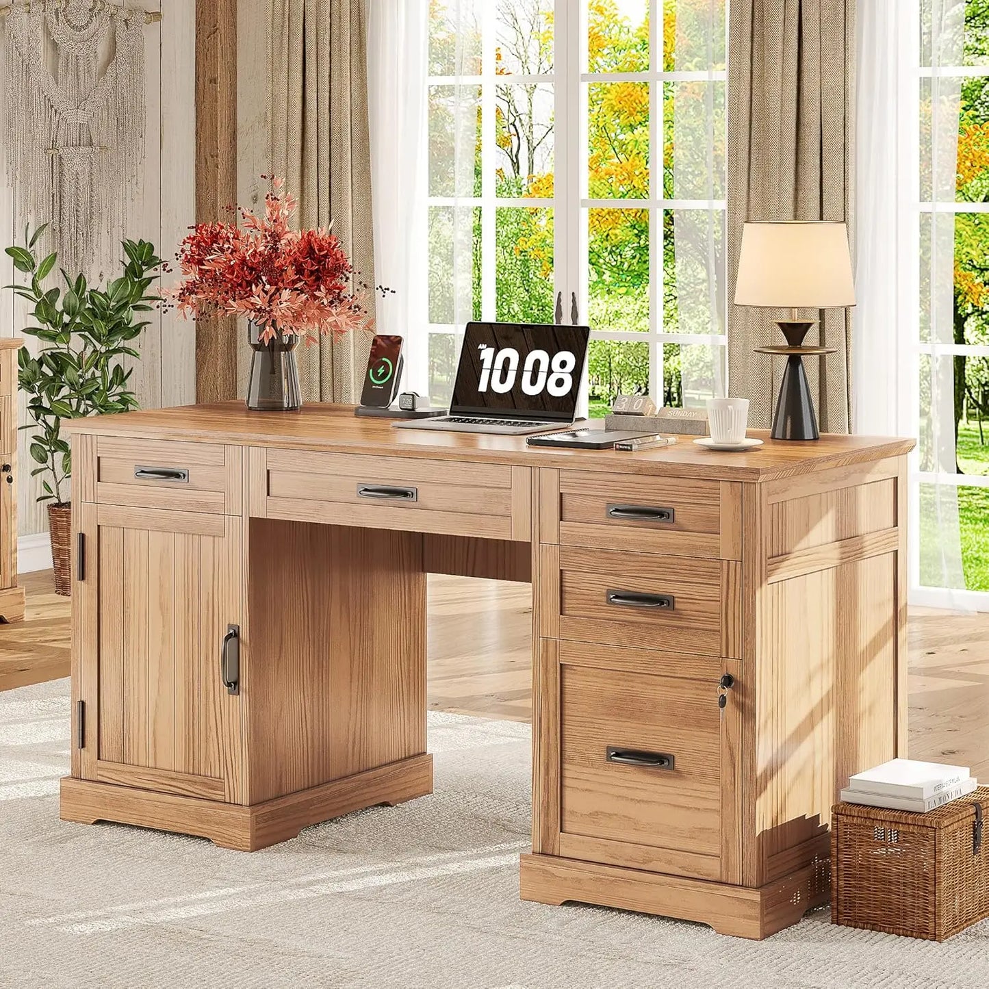 DESK
55'' Farmhouse Executive Computer Wooden Desk with Drawers and File Cabinet
