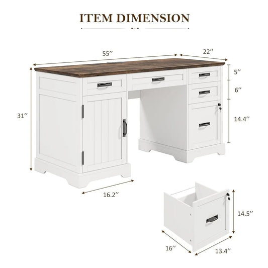 DESK
55'' Farmhouse Executive Computer Wooden Desk with Drawers and File Cabinet