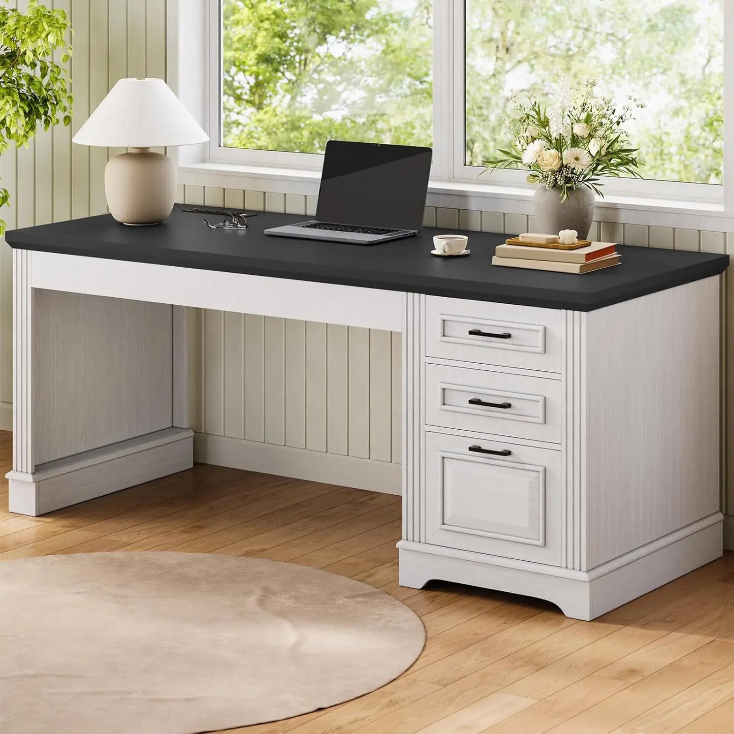 Farmhouse Executive Desk, with Storage Drawers and Power Outlet