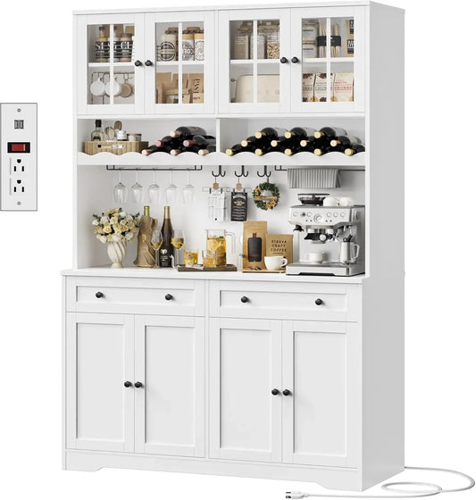 Tall Pantry Hutch Cabinet with Microwave Stand and Wine Racks
