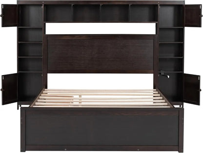 Platform Storage Bed with Bookcase Headboard and Trundle. Trundle and 2 Storage Drawers