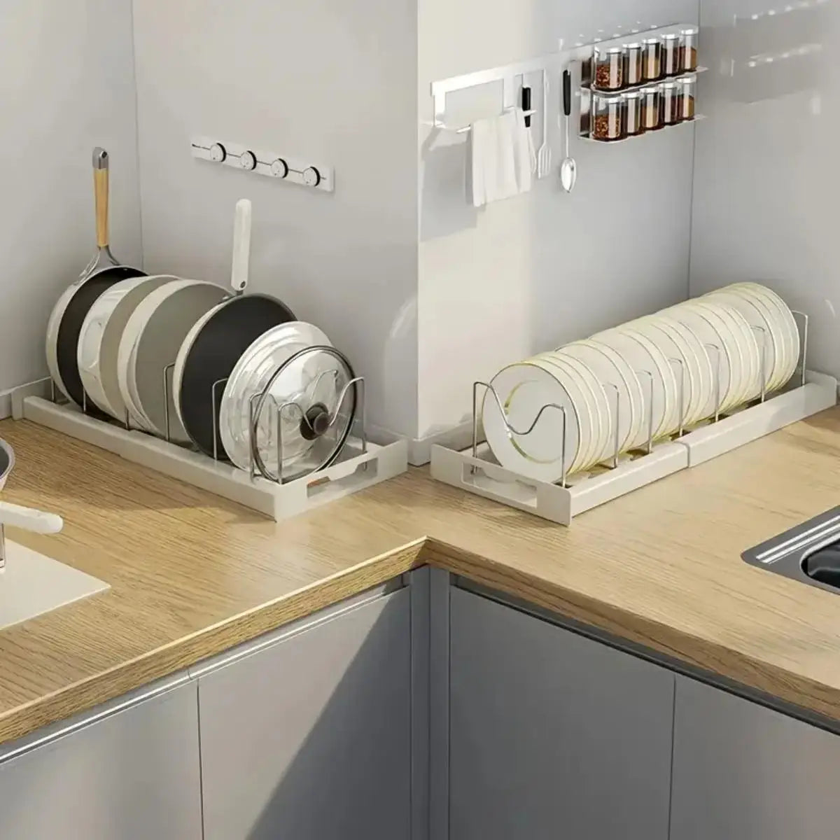POT PAN  ORGANIZER
Expandable under Cabinet Pot & Pan 7" Adjustable Dividers for Pans and Lids.