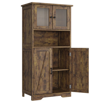 Pantry Cupboard with 2 Wood Doors, 2 Tempered Glass Doors and Open Space.
