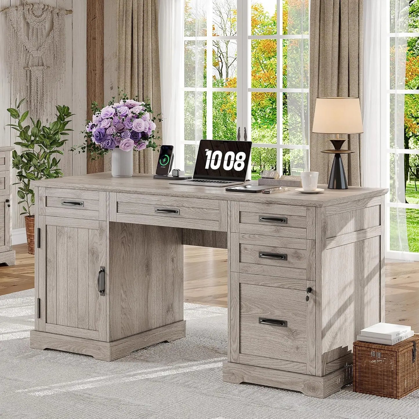 DESK
55'' Farmhouse Executive Computer Wooden Desk with Drawers and File Cabinet