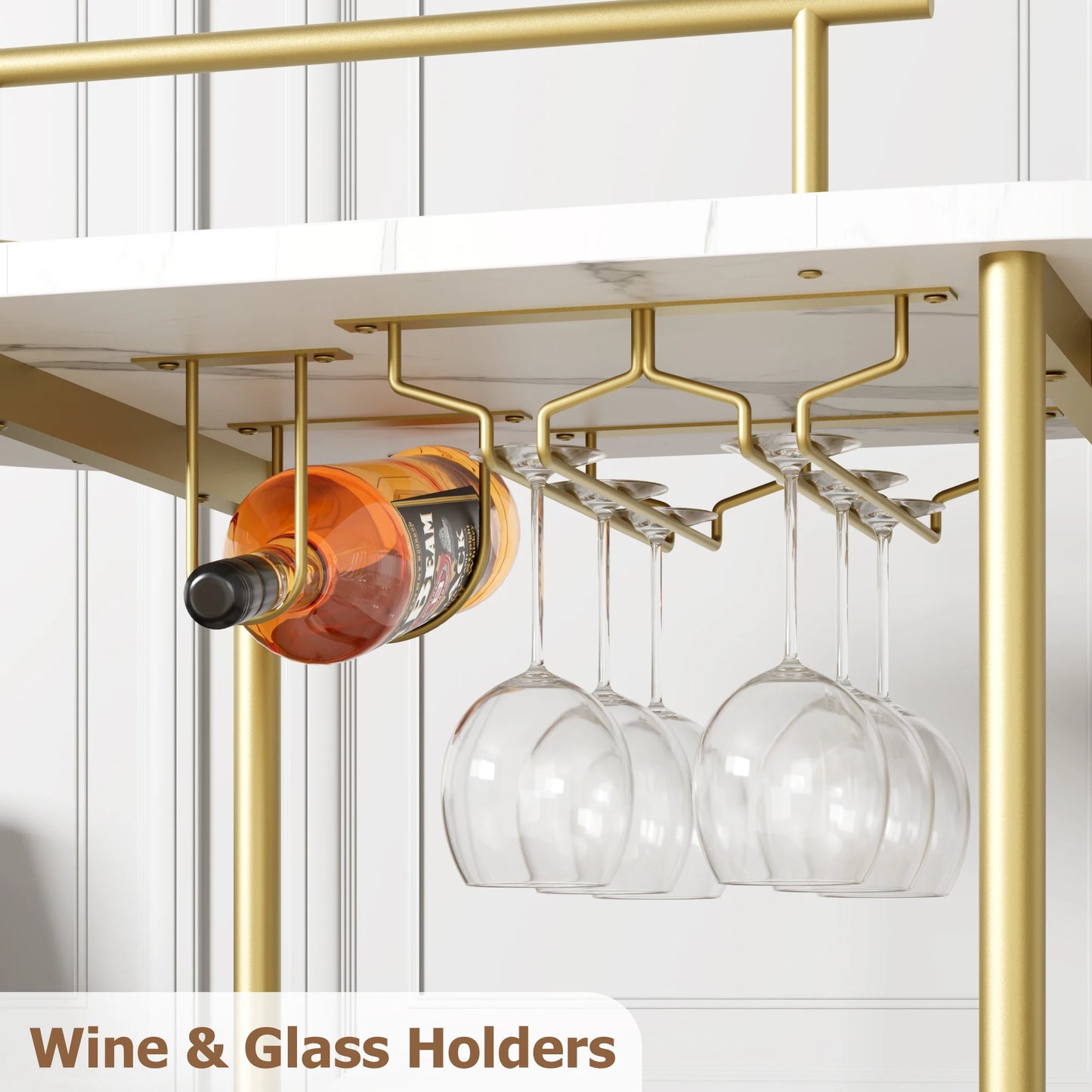Mobile Bar Serving Carts On Wheels with Wine Rack and Glass Holder.