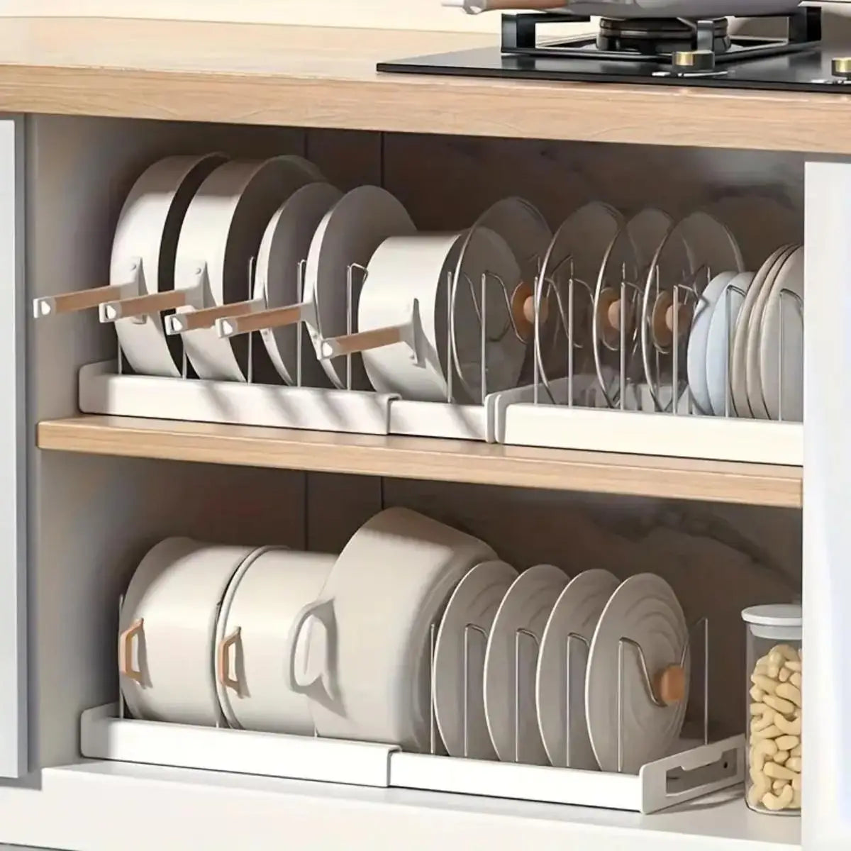 POT PAN  ORGANIZER
Expandable under Cabinet Pot & Pan 7" Adjustable Dividers for Pans and Lids.
