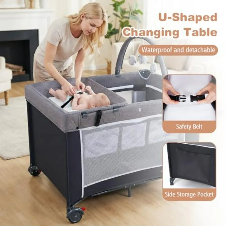 Pack and Play ; Travel Crib;  Bassinet Bed for Baby with Changing Table Safety Belt