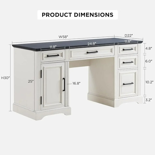 58" Farmhouse Executive Computer Desk with Drawers and Cabinet, Embossed Texture Home Office Desk, Off White.