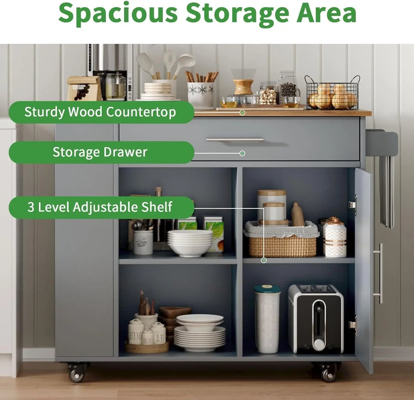 Kitchen Island cart with wheels,  spice rack and towel rack. .
